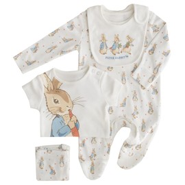 Peter Rabbit Baby Girl Boy 4 Piece Outfit Sleepsuit Bodysuit Bottoms Bib (Peter Rabbit - 4 Piece Set, 12-18 Months)