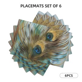 Peacock Feather Printed Linen Placemats 6 PCS, Heat Resistant Place Mats Washable Modern Placemat for Indoors & Outdoors Table Decor, 18x12 Inch