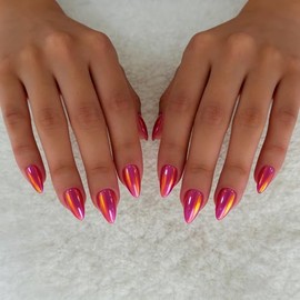 Uñas postizas cortas de almendra color rosa intenso cromado, uñas postizas de gel suave y brillante con acabado UV brillante, 30 piezas de uñas postiz