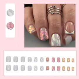 24Pcs French Tip Press on Nails Short Square Fake Nails Acrylic False Nails with Leaf Designs Artificial Acrylic Nails Glossy Glue on Nails Full Cover Stick on Nails for Women