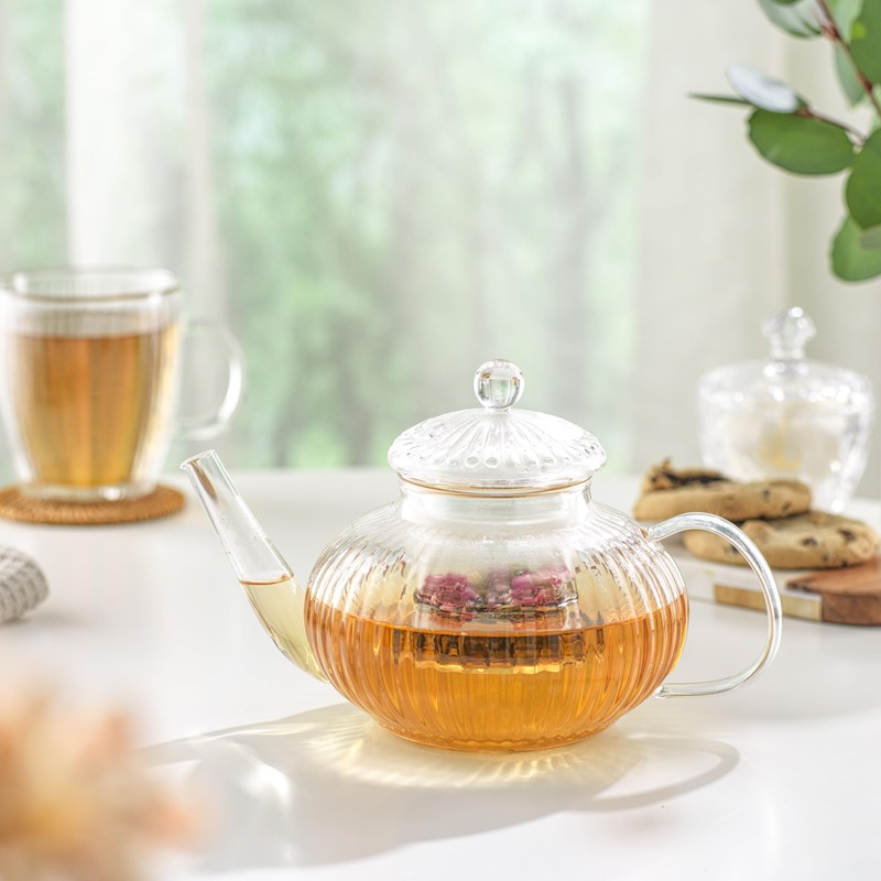 JoyJolt Fluted Glass Teapot Set 33.8oz w/Double Wall Glasses 13.5oz,