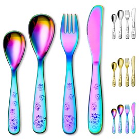 Berglander Rainbow Children's Cutlery 4-Piece Colourful Titanium Coating Children's Tableware Set, Child Safe Fork and Spoon Flat Tableware, Highly Polished Smooth Round Edge, Dishwasher Safe