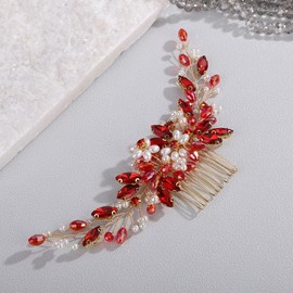 BERYUAN Elegant Pearls Rhinestone Hair Comb Rhinestone Crystal Pearls Bridal Hair Comb Rhinestone Pearls Wedding Headpiece Wedding Hair Accessories for Brides (red)