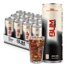 BUM Sugar-Free Energy Drink, Cola - Lightly Carbonated & No Artificial Colors, Natural Caffeine & Citicoline for Energy & Focus, Brain Boost & Workout Sports Beverage - 12 oz, Pack of 12