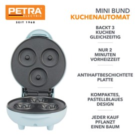 Petra PT4693BLNVDE Mini Bund Kuchenautomat - Nicht haftender Elektrischer Kuchenbäcker, 12.5 cm Platte, 2 Minuten Vorheizen, Einfache Reinigen, Backen Sie Bis Zu 3 Kuchen Auf Einma, 550W, Pastellblau