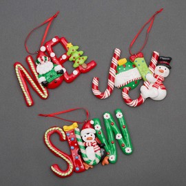 Christmas Tree Hanging Words Snow Joy Noel Decorated with Candy Cane Santa Snowman Penguin Xmas Tree Wall Home Décor Ornaments 3pcs Set
