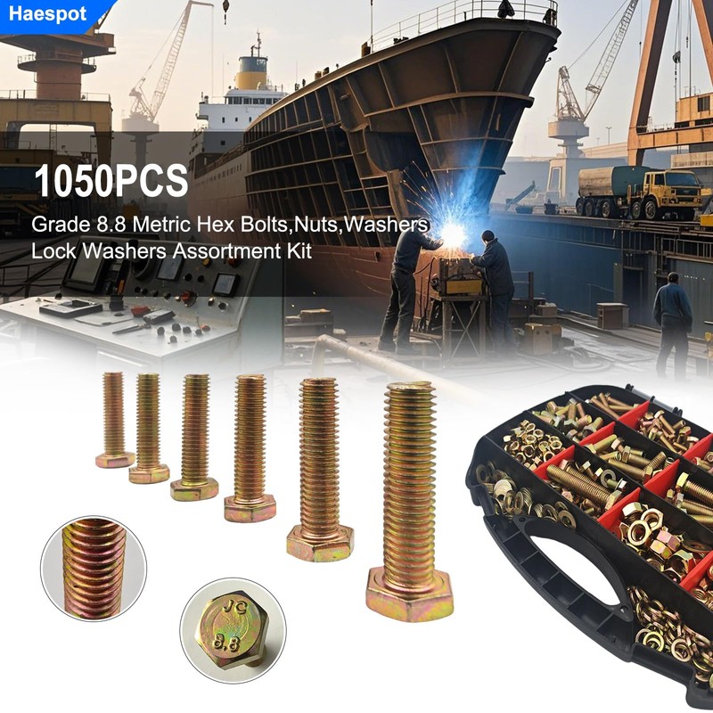 1050PCS Haespot High-Strength Bolt Kit,8.8 Grade Alloy Steel Material,M4-M8 Metric
