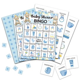 Foosproea Baby Shower Bingo Games, Gender Neutral Baby Bingo Cards for 24 Players, Bear Balloons Card Game for Family Friends Activities, Watercolor Blue Baby Shower Party Supplies Decorations (04)