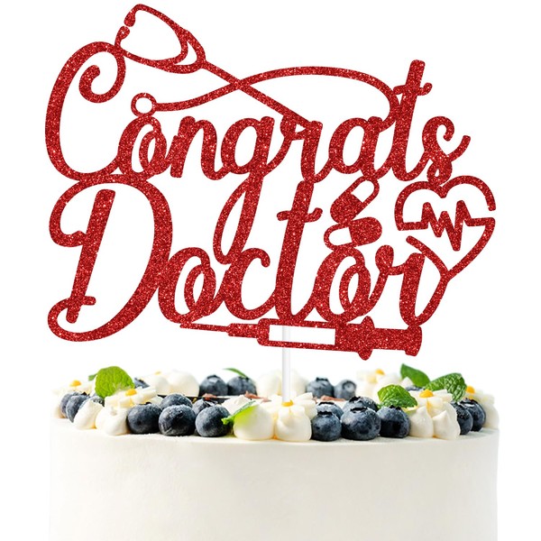 Decoración de pastel de felicitaciones con purpurina roja para médico, futuro/usted PHDid It/clase de 2024, 2024 médico médico médico decoración de fiesta de graduación