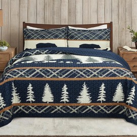 3-Piece Rustic Cabin Lodge Bear Quilt Set - Country-Themed Bedspread with Matching Pillow Shams