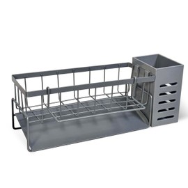 AIWIWH Stainless Steel Sink Organzier with High Brush Holder, Sponge Holder for Sink,Kitchen Countertop Soap Dispenser Organizer (Gray, Drainer Rack+Pole+Drainer)