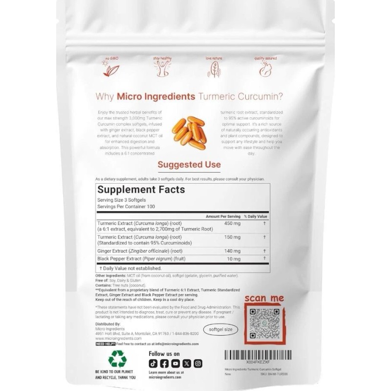 Micro Ingredients Turmeric Curcumin Capsules, 3000 mg with Ginger &