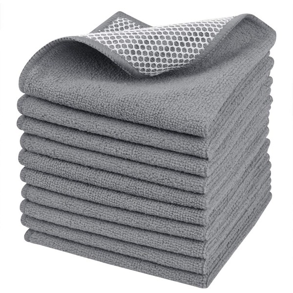 SINLAND Microfiber Dish Cloths Dish Rags for Washing Dishes Best Kitchen Washcloth Cleaning Cloths with Poly Scour Side 12Inchx12Inch 10Pack Grey