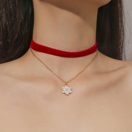 Cybche Vintage Layered Snowflake Necklace Red Velvet Choker Necklace Cz Snow Flower Necklace Snowflake Velvet Necklace Short Suede Collar Necklace Jewelry for Women