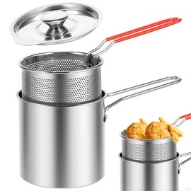 Deep Fryer with Strainer Basket and Handle Stainless Steel Fry Pot Food Grade Outdoor Fryer with Lid Portable Food Cooking Pot for Frying Fish Shrimp Chicken and Fries - Color: Frypot+Basket+Clamp+Rack+Lid