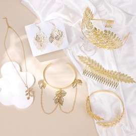 NICEIGHT 7Pcs Greek Goddess Costume Accessories for Women Gold Greek Leaf Crown Upper Arm Cuff Artificial Leaf Drop Earrings Necklace Golden Laurel Leaf Bridal Hair Comb for Wedding Cosplay Party A