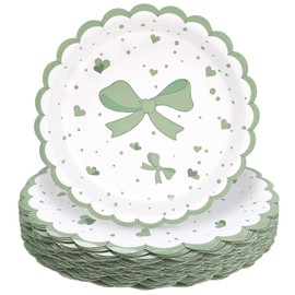 HEIPINIUYE 50 Pieces Sage Green Bow Paper Plates 7 Inch Sage Scalloped Plates Disposable Dinner Plate for Wedding Baby Shower Birthday Party Dessert Plate