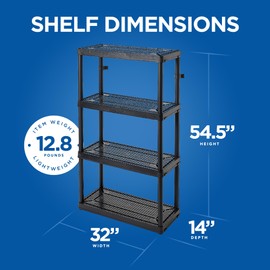 Gracious Living 14" x 32" x 54.5" 4-Shelf Tier Resin Multi-Purpose Medium Duty Indoor Garage Storage Organizer Shelves, Black