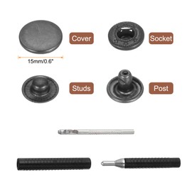 sourcing map 25 Set Leather Snap Fasteners Kit 15mm Metal Snap Button Press Studs Leather Rivets Snaps with 3 Setter Tools for Clothes Jackets Jeans Wears Bags, Gun-Black