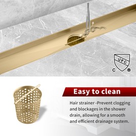 Sharp-tec 28 inch Linear Shower Drain, Gold Rectangular Floor Drain, V-Shape Design Drain Channel, 304 Stainless Steel, cUPC Certificated for Bathroom Shower Room (Drain Base is Not Included)