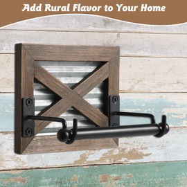Farmhouse Toilet Paper Holder with Galvanized Metal& Black Metal - Rustic Warm Brown Wood Wall Mount Toilet Roll Holder for Bathroom Decor