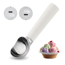 Heated Ice Cream Scoop Rechargeable, Electric Warming Ice Cream Scooper with LED Display, Heats to 158°F for Hard Ice Cream, Easy for Seniors & Kids, IP67 Waterproof (White, 2 oz)