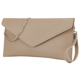 SH Leder Genuine Leather Clutch Shoulder Bag Small Bag Elegant Evening Bag in Grained Cowhide Leather with Carry Chain 31.5 x 16.5 cm Saya G369, Light taupe