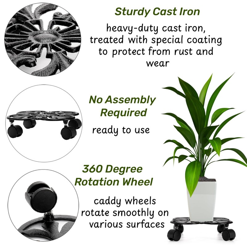 Goaste Cast Iron Plant Caddy, 11" Heavy Duty Plant Stand,