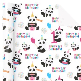 WRAPAHOLIC 1st Birthday Wrapping Paper - Mini Roll - 17 Inch x 16.5 Feet - Adorable Panda and Happy Birthday Wrapping Paper Perfect for Kids Girls Boys, Baby Shower