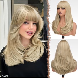 FESHFEN Long Wigs with Bangs, Synthetic Natural Looking Layered Straight Hair Wig for Women Daily Party Use 18 inch, Dirty Blonde