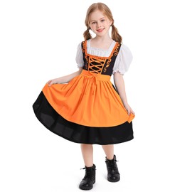 OBEEII Dirndl Girls' Set of 2 Dirndl Dress with Costume Blouse and Apron Bavarian Costume German Oktoberfest Costume Dress, orange