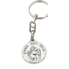 Key Chain saint Christopher with text Come good home / God bless you 7.5 cm, Med. 2,9cm