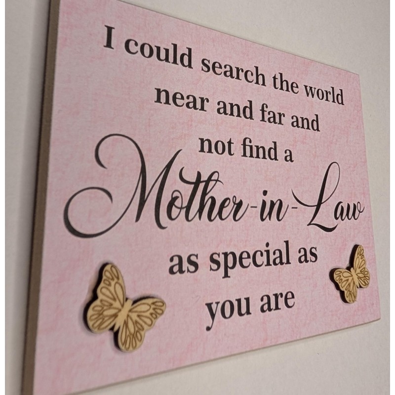 Mother-in-Law Sentimental Quote Decorative Magnet, Pink with wooden Butterflies, 11