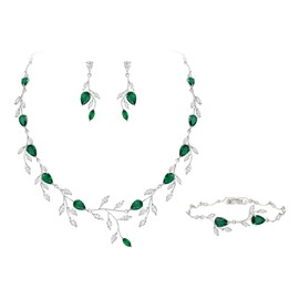 EVER FAITH Wedding Jewellery for Bride, Ladies, Bridesmaid, Cubic Zirconia, Pear-Shaped Birthstone Leaf Necklace, Bracelet, Earrings Set for Pro, Cubic Zirconia, Cubic Zirconia