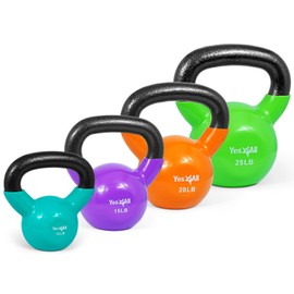 Yes4All Kettlebells 10 15 20 25 lbs Set Weight Vinyl Coated Cast Iron for Dumbbell Weights Exercises, Gym, Fitness, Full Body Workout Equipment Push up, Grip and Strength Training, Multicolor