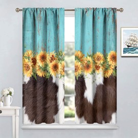 Cow Skin Print Sunflower Curtains, Rustic Wooden Board Western Country Farmhouse Animal Fur Skin Window Treatments Brown Cowhide PrintWindow Drapes for Bedroom 42x63in (Decor)