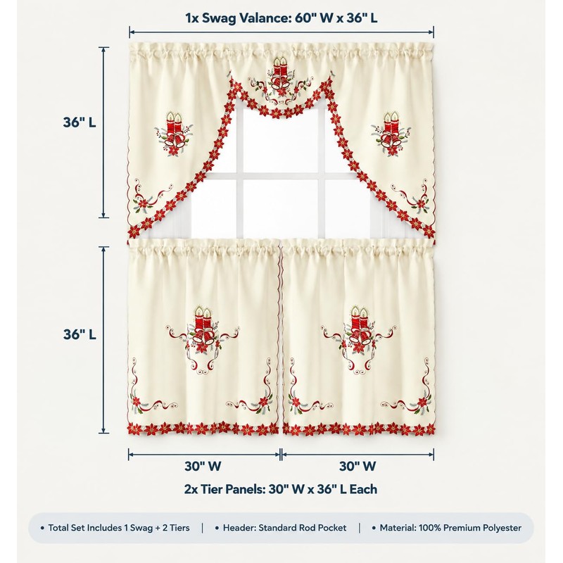 Christmas Kitchen Curtains Valance 3 Piece Set(Beige)