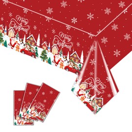 Enpato 3Pack Disposable Christmas Tablecloth 54x108Inch Plastic Table Cover with Festive Snowman Design for Family Dinner, Friends Party & Holiday Feast - Easy Cleanup Decorations
