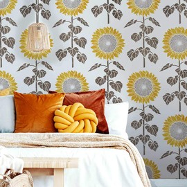 Sunflowers Wall Stencil – Floral Stencils for Walls – Flower Stencil Designs – Reusable Stencil for Painting Walls – Try Stencil Instead of Wallpaper and Save Lots on Room Makeover