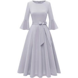 Women's Cocktail Dresses Elegant Bell Sleeve Dresses for Women Wedding Guest Church Dresses for Women 2024 Elegant Fromal Dresses Silver Grey XL