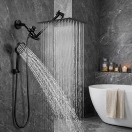 Cabezal de ducha, 8 pulgadas de alta presión, lluvia y ducha de mano con brazo de extensión de 11 pulgadas, 9 ajustes, cabezal de ducha antifugas con soporte, altura / ángulo ajustable, cromo, negro mate