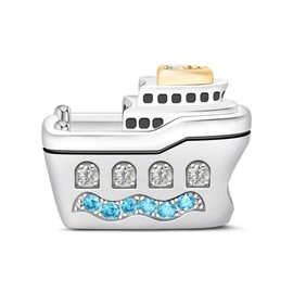 GNOCE Cruise Ship Charm Bead 925 Sterling Silver Guide Your Own Ship Charm with Aquamarine CZs Fit for Bracelet/Necklace Charm Gifts for Women Men