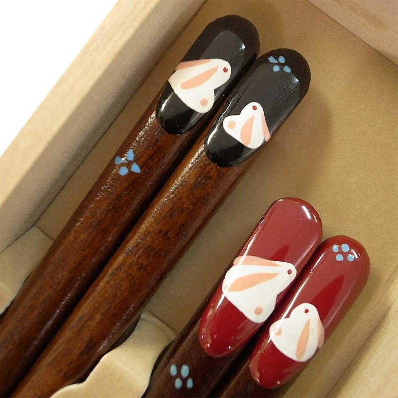 Couple Chopsticks Pair Rabbit in Paulownia Box