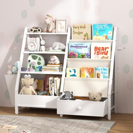 Ollieroo Kids Bookshelf and Toy Storage, Kids Bookcase Sling Shelf, Montessori Baby Toddler Bookshelf for Kids, Kids Bookcase, Toy Storage Organizer, for Playroom, Bedroom, Nursery,White