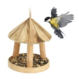 Relaxdays Wooden Bird Feeder for Hanging & Standing, H x D: 21 x 18 cm, Wild Bird Feeder Natural
