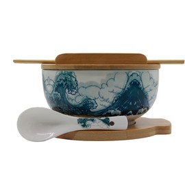 XWORLD Japanese Ceramic Ramen Noodle Bowls Set with Ceramic Spoon, Bamboo Chopsticks, Lid & Trivet, Serving Capacity of 33.8 OZ, Microwavable Oven Safety (3.3” x 6.6” D) (Blue Sea)