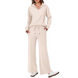 ANRABESS Women's 2 Piece Outfits Lounge Sets Casual Long Sleeve Sweatsuits Polo Top Wide Leg Pants Spring Sweat Matching Sets Apricot X-Large