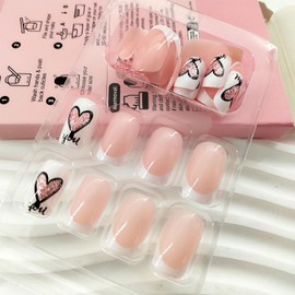 Valentines Day Press on Nails Short Medium Square Fake Nails with Glitter Heart Designs White French Tip Glue on Nails Pink White Full Cover False Nails Press ons for Women 24 Pcs