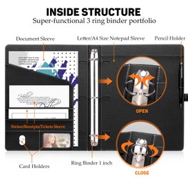 Toplive Padfolio 3 Ring Binder (1'' Round Ring) Business Portfolio Folder for Interview, Conference and Presentation, Black