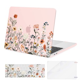 MOSISO Compatible with MacBook Pro 13 inch Case 2024, 20223, 2022-2016 M2 M1 A2338 A2251 A2289 A2159 A1989 A1708 A1706, Plastic Garden Flowers Hard Case&Keyboard Cover&Screen Protector, Pink